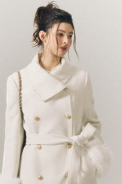 White Wool Detachable Fur Sleeve Coat