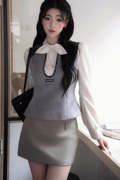 Patchwork Wool Blend Puff Sleeve Shirt