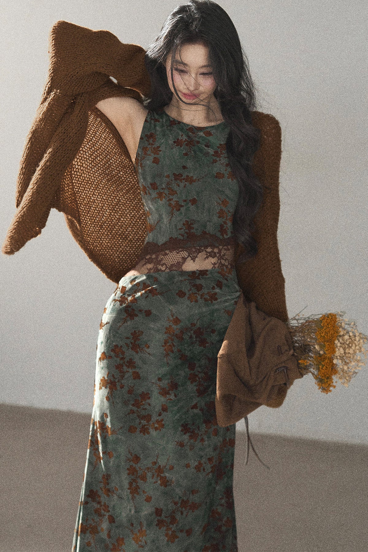 Moss Green Lace Floral Fishtail Dress