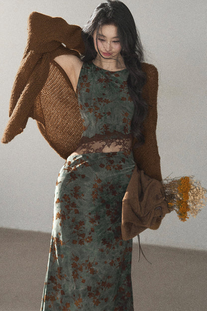 Moss Green Lace Floral Fishtail Dress