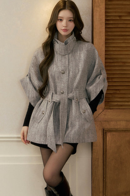 Stand Collar Batwing Wool Cape Jacket