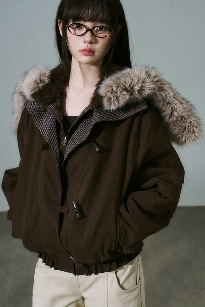 Horn Button Plaid Fur Collar Jacket