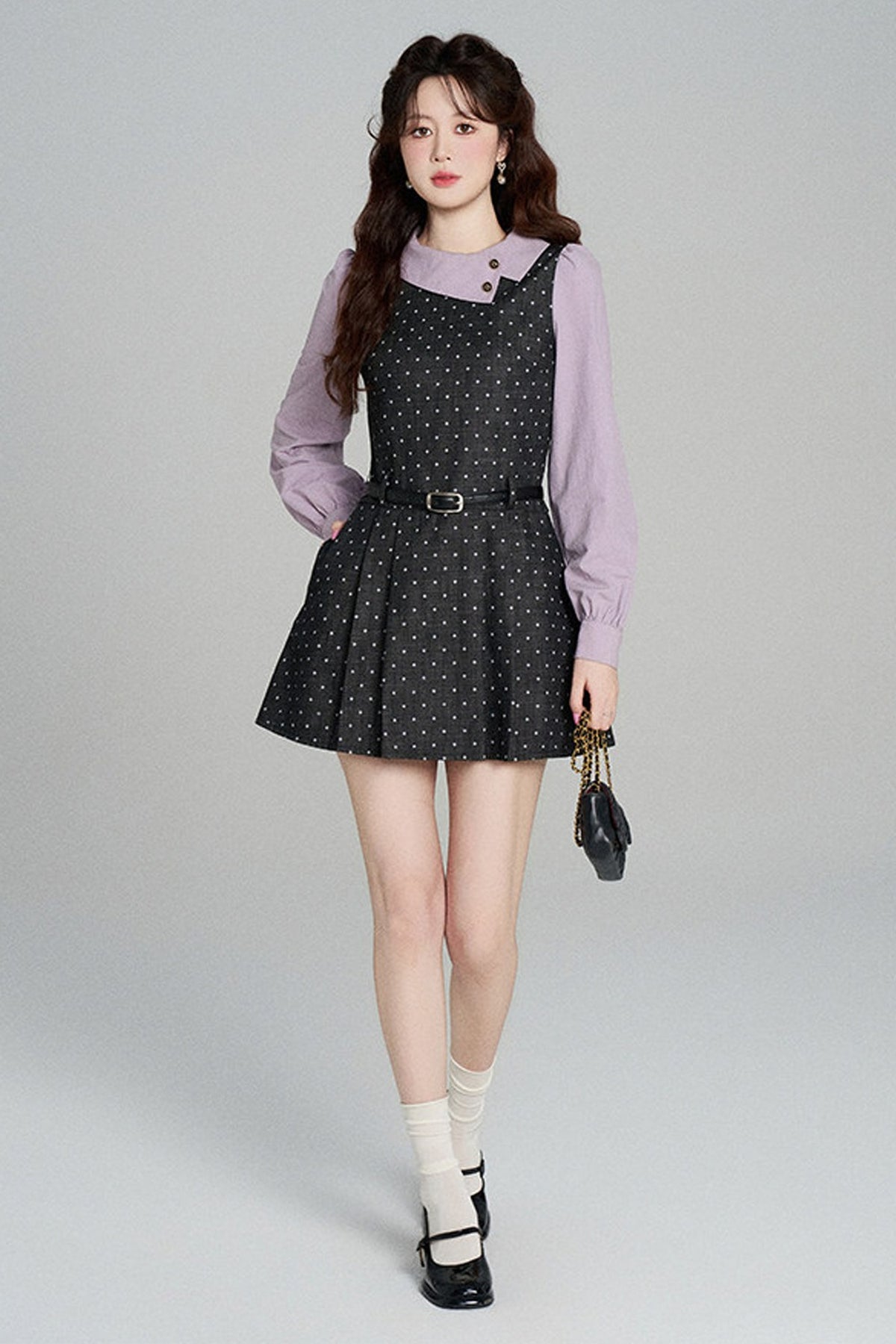 Black Purple Polka Dot Long Sleeve Dress