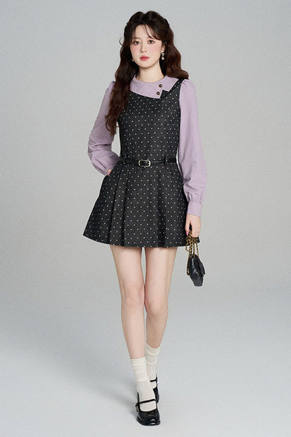 Black Purple Polka Dot Long Sleeve Dress
