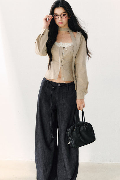 Halter Neck Ribbon Patchwork Long Sleeve Top