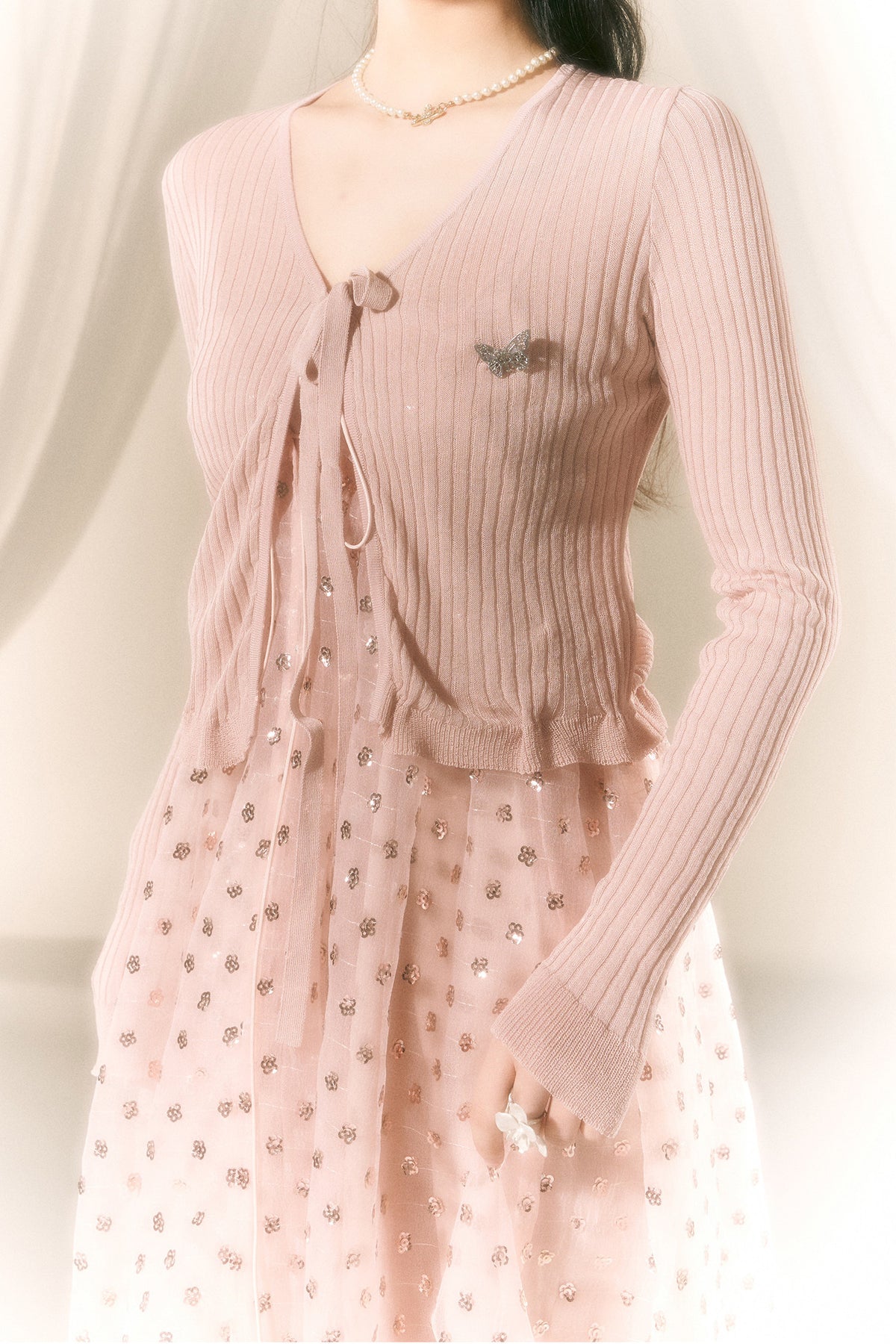 V-Ausschnitt-Strickjacke mit Bindeband