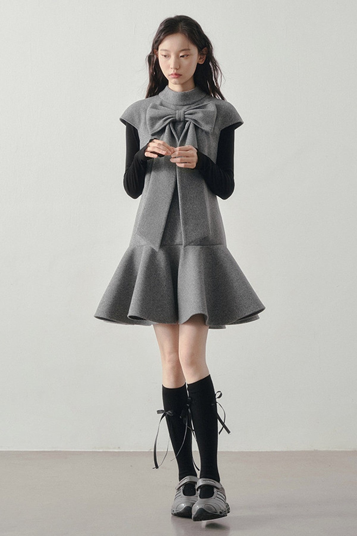 Woolen Bow Flutter Sleeve Dress