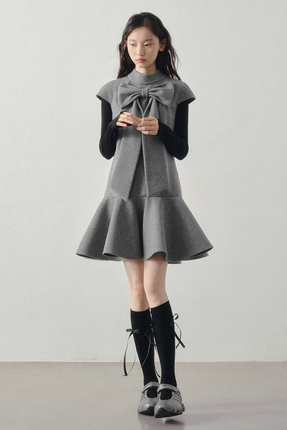 Woolen Bow Flutter Sleeve Dress