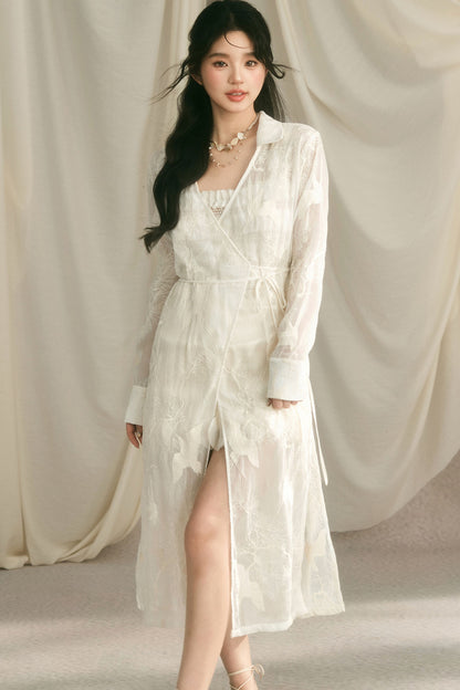 Crane Embroidery Waist-Tie Top