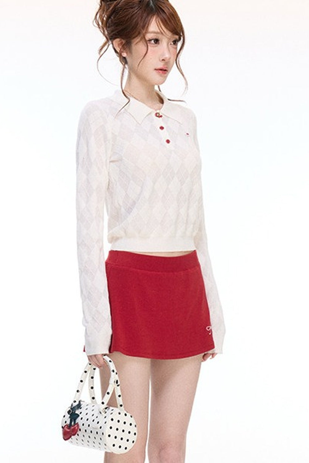 Cherry Polo Knit Top and Embroidered Knit Skirt Set-Up