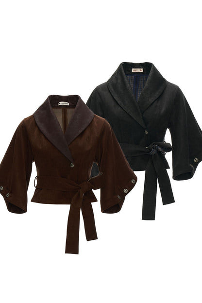 Plaid Suede-Like Leather Patchwork Cinched Waist Jacket