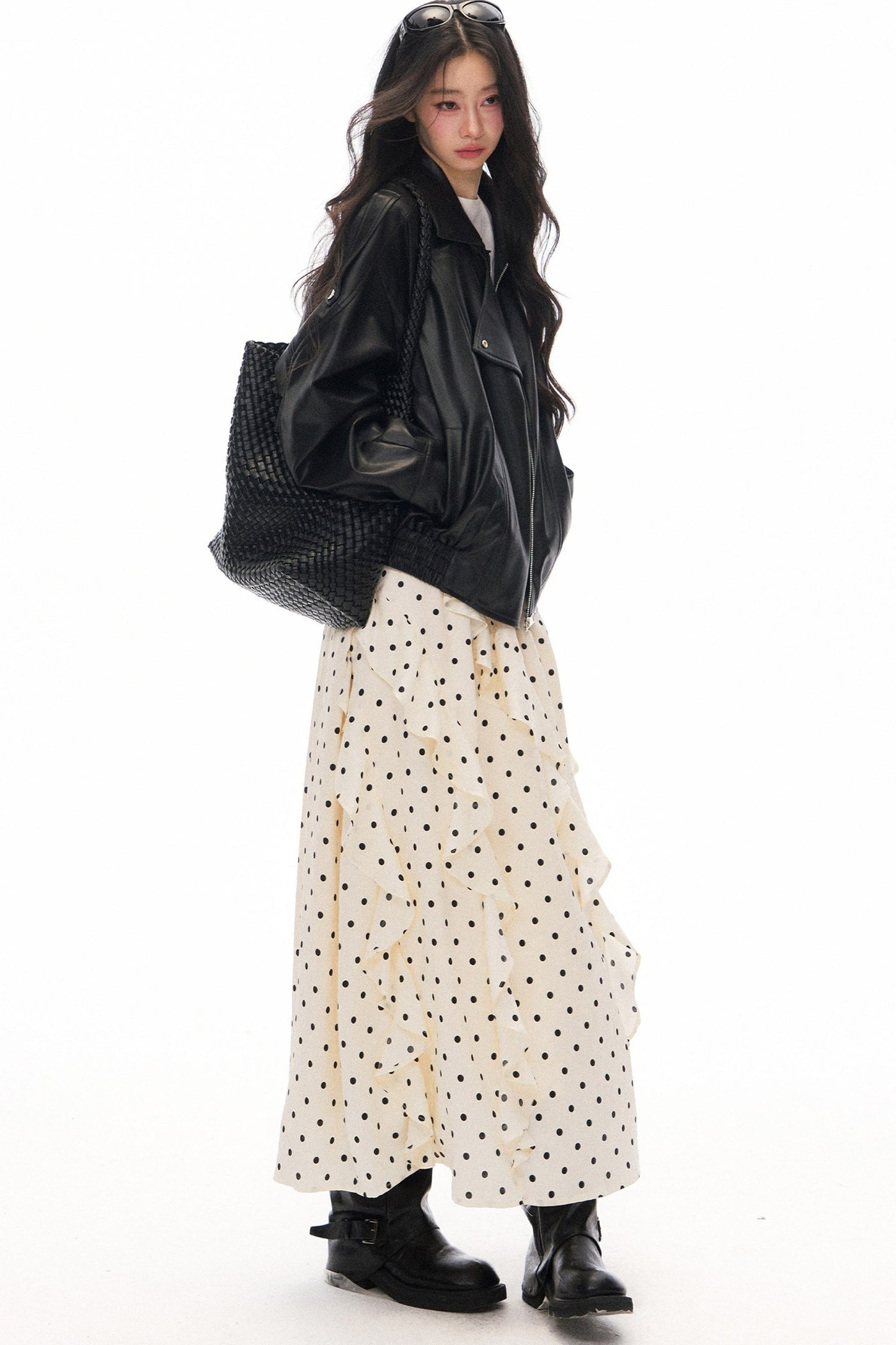 Black PU Lapel Biker Jacket, Polka Skirt and Dress Set-Up