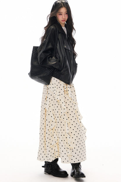 Black PU Lapel Biker Jacket, Polka Skirt and Dress Set-Up