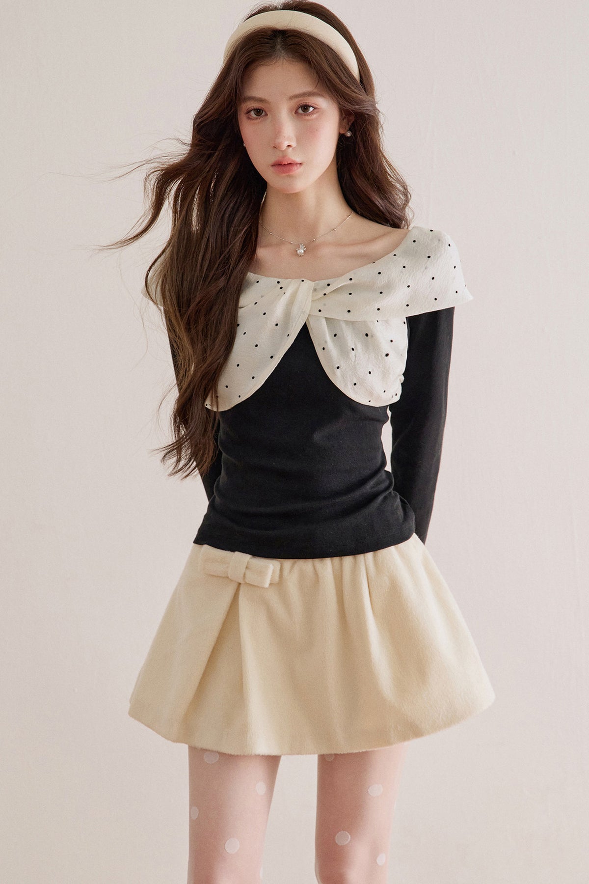 Polka Dot Bow Long-Sleeve Top