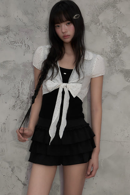 Polka Dot Bow Cardigan And Ruffle Skirt Set-Up