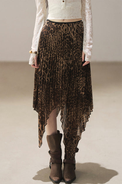 Irregular Hem Stacked Pleats Leopard Skirt