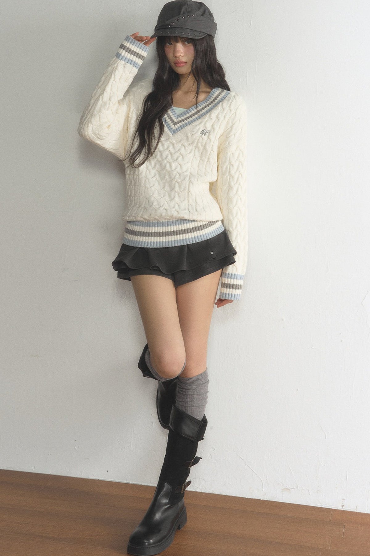 V-Neck Cable Knit Pullover Top and Pleated Skirt Set-Up