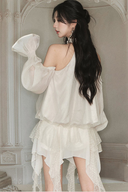 Off-Shoulder Double-Layer Mesh Rose Pearl Halter Top
