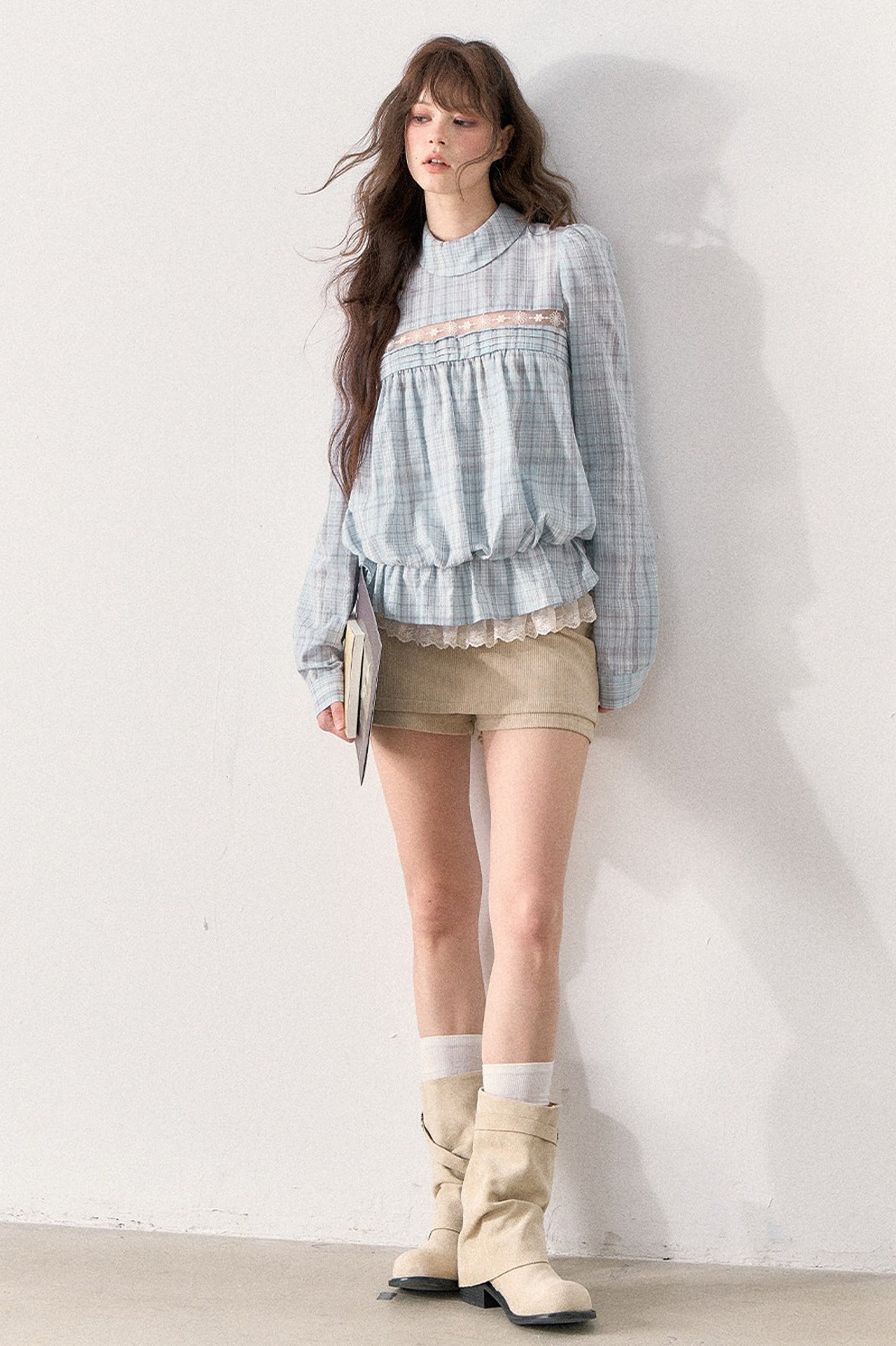 Mint Plaid Lace Blouse