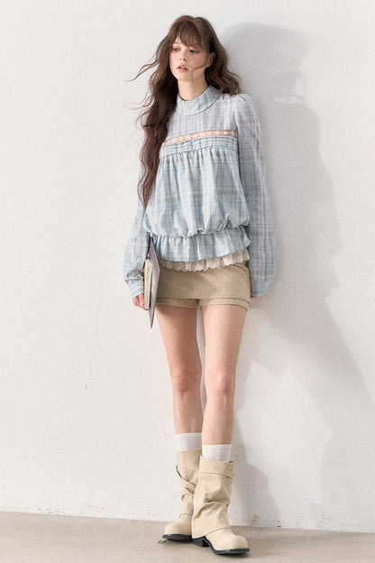 Mint Plaid Lace Blouse