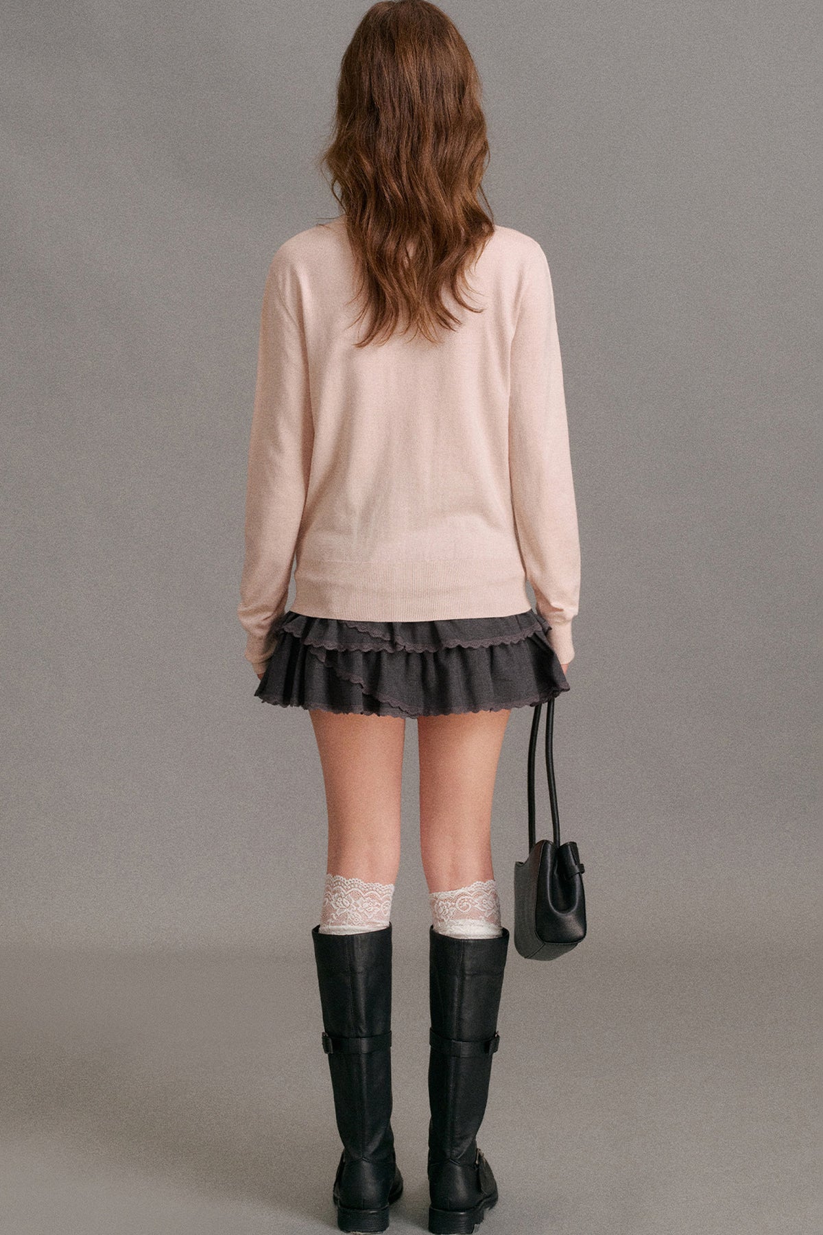 Long-Sleeve V-Neck Lace Trim Patchwork Knit Cardigan