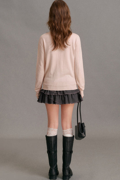 Long-Sleeve V-Neck Lace Trim Patchwork Knit Cardigan