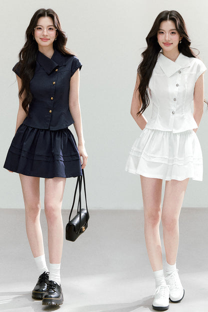 Asymmetrical Lapel Waist-Cinching Top Set-Up