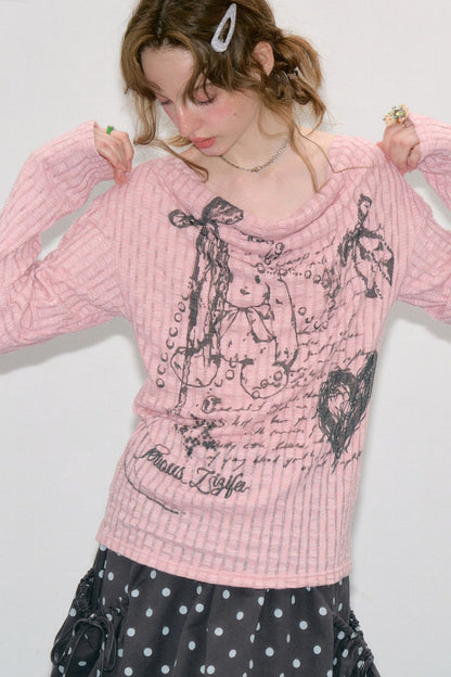 Blusa in maglia con graffiti di conigli