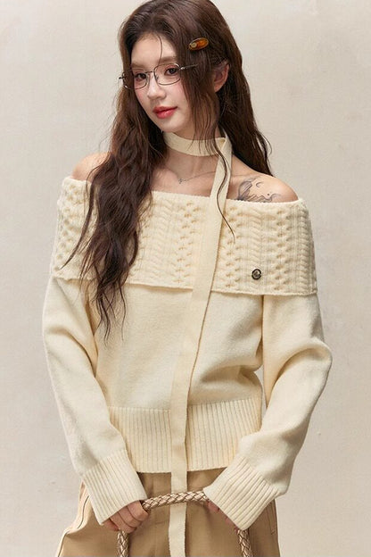 Maglione a maglia a maniche lunghe con spalle scoperte