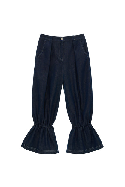 Jeans in denim a lanterna con orli a volant