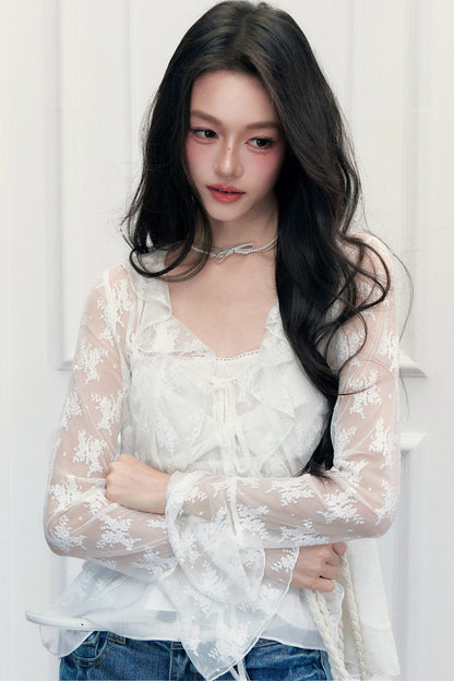 White Floral Lace Camisole Cardigan Set-Up