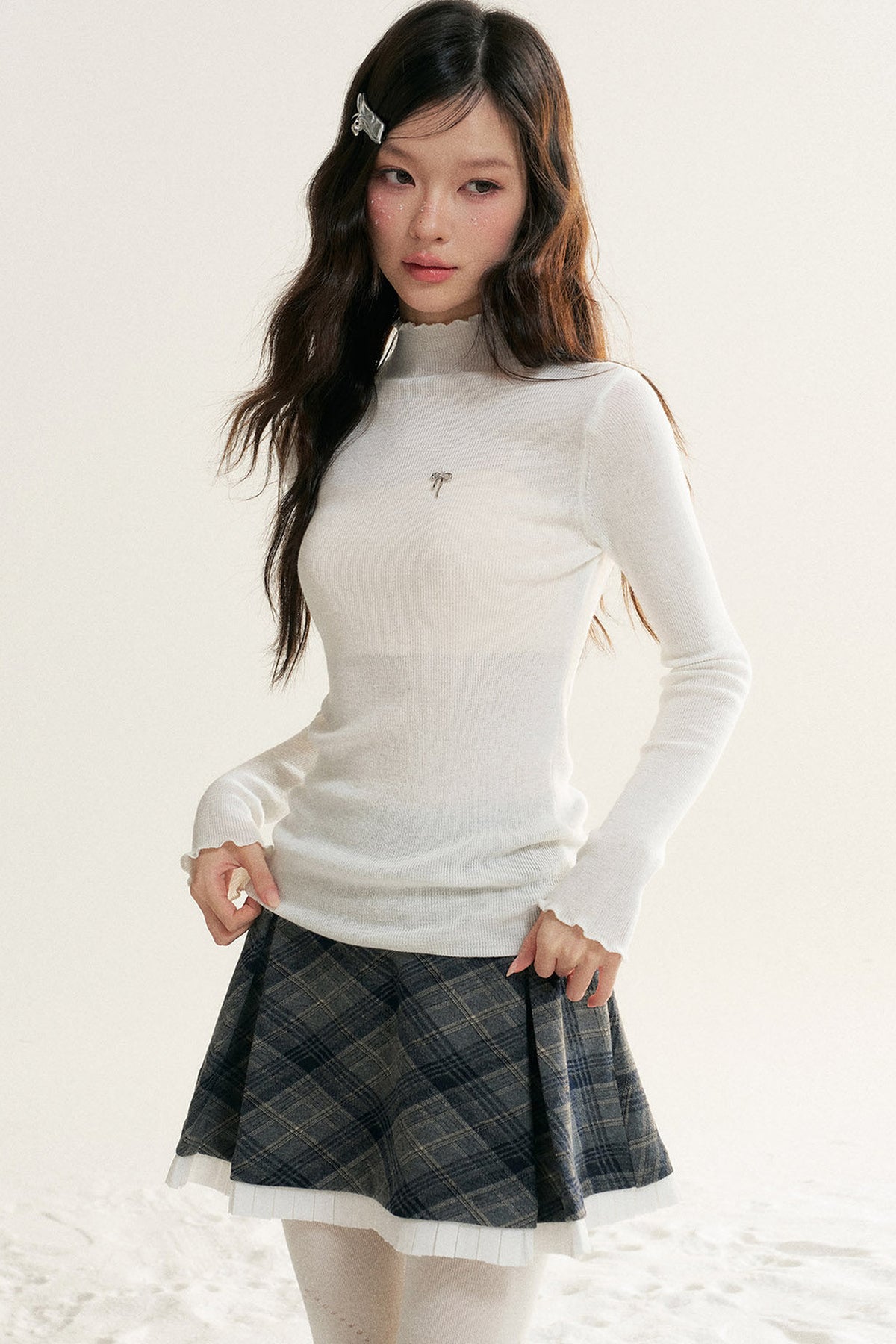 Ruffled Half-Turtleneck Long-Sleeve Base Layer Top