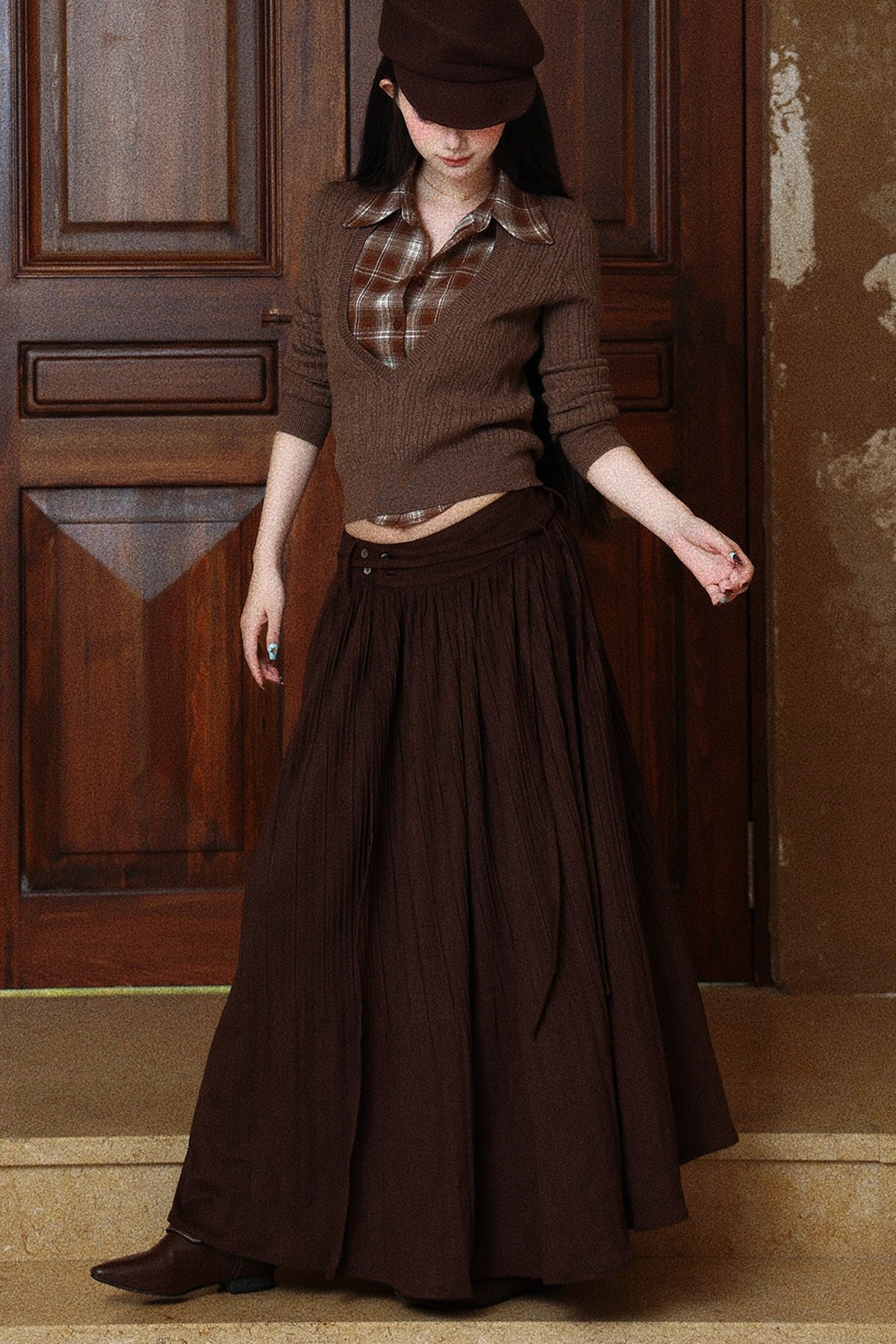Double-Buckle Pleated Long Skirt