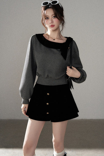 Gray Pullover Sweatshirt and Black Skirt Set-Up