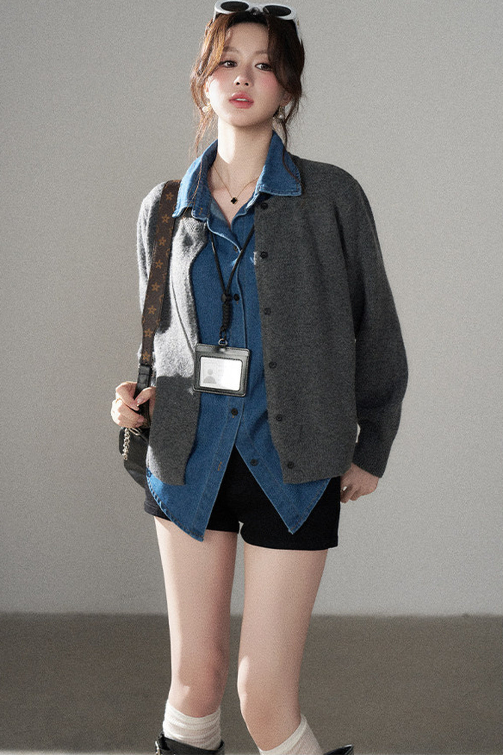 Layered-Look Denim Collar Sweater