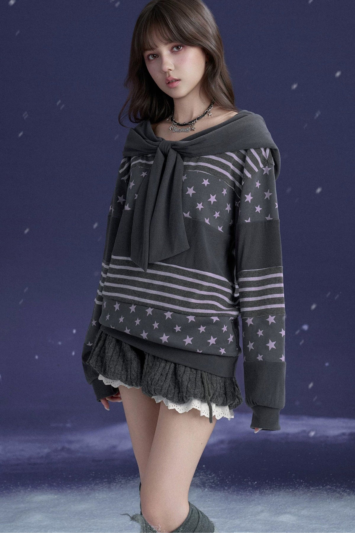 Star Patchwork Bowknot One-Shoulder Hooded Sweatshirt