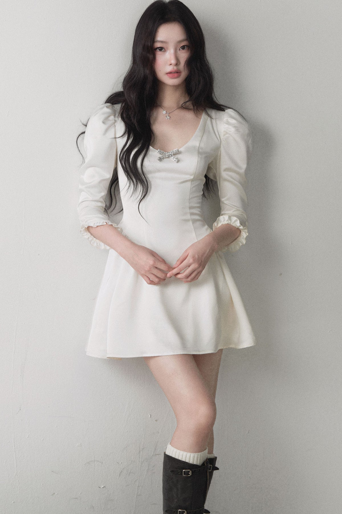 Satin Long-Sleeve Bow Dress