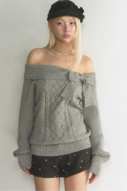 Off-Shoulder Bowknot Cable Knit Top and Pants Set-Up