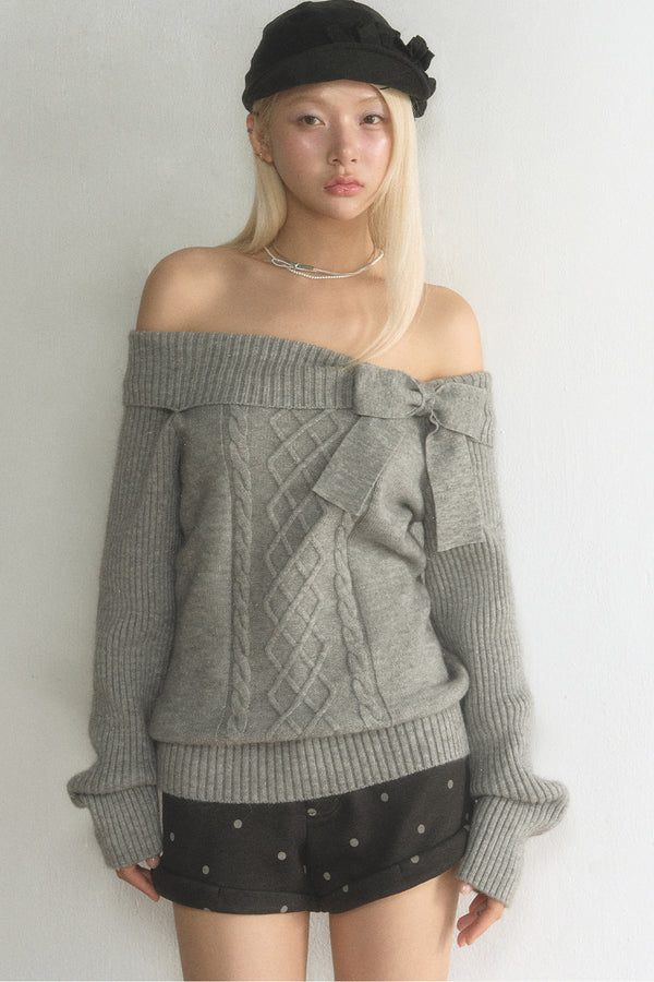 Off-Shoulder Bowknot Cable Knit Top and Pants Set-Up
