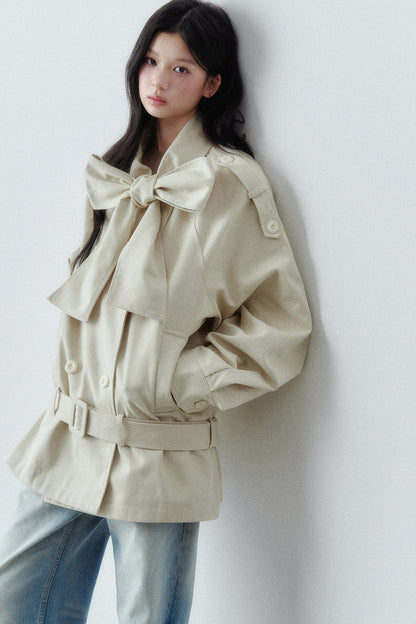 Bow Tie Low-Waist Cotton Trench Coat