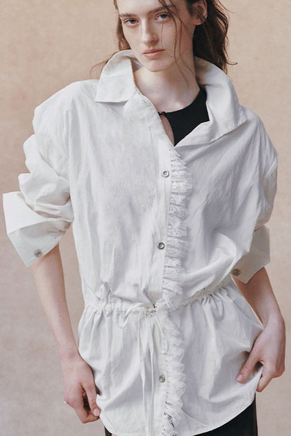 Oversized Crinkled Lace Drawstring Shirt