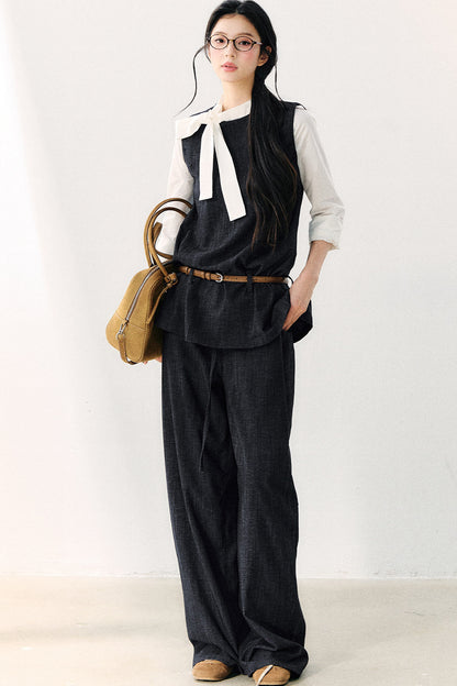 Round Neck Color-Block Ribbon Shirt