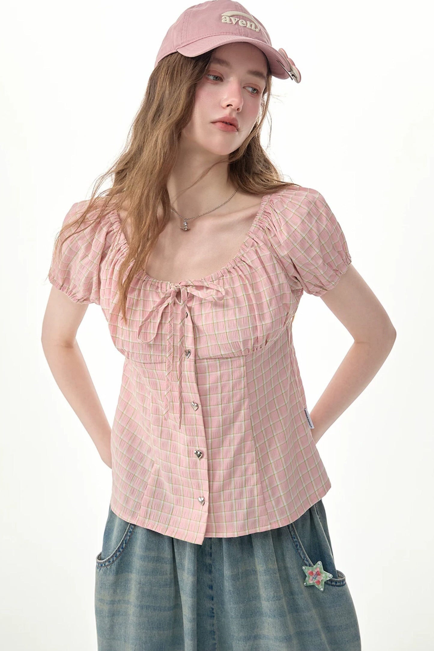 Green Plaid Puff Sleeve Button Front Top