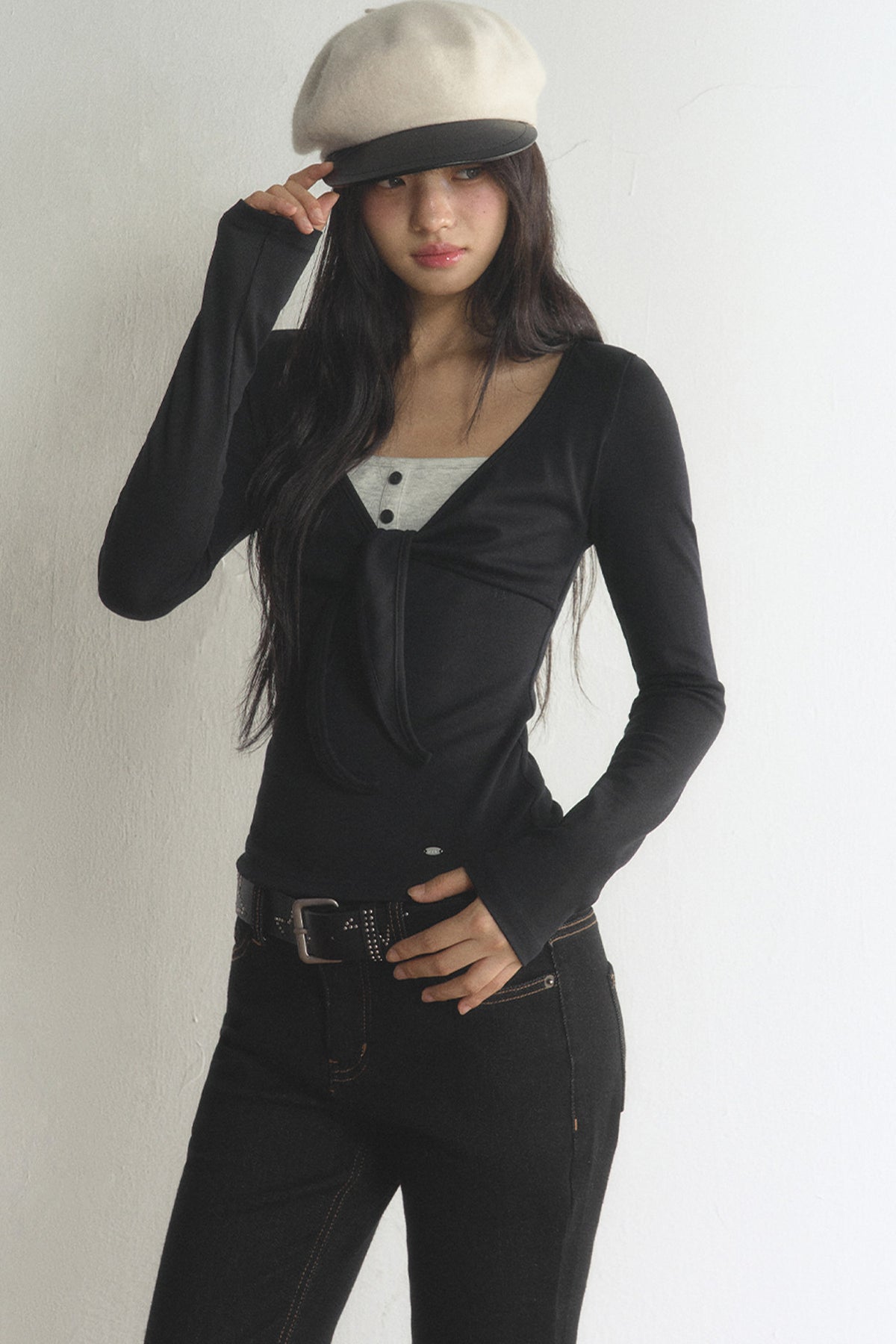V-Neck Bow Contrast Long-Sleeve Top and Pants Set-Up