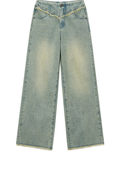 V-Shaped Raw Edge Rivet Denim Pants