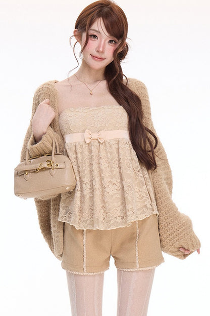 Chunky Knit Cardigan With Lace Top and Pants Set-Up
