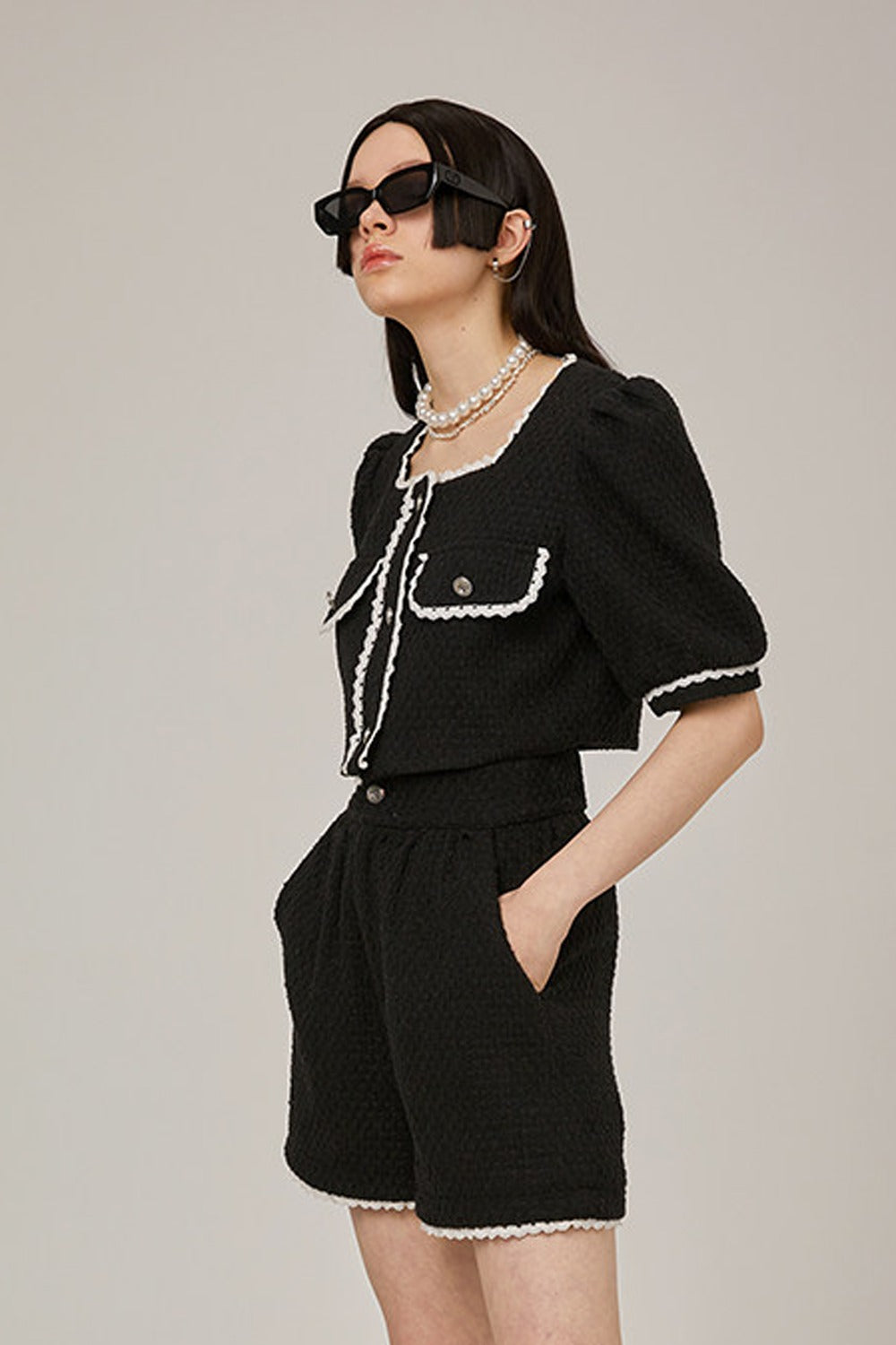 High-Waisted Lace Trim Tweed Shorts
