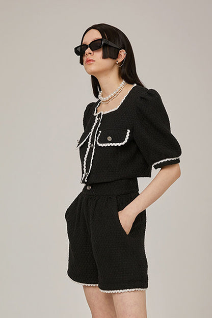 High-Waisted Lace Trim Tweed Shorts