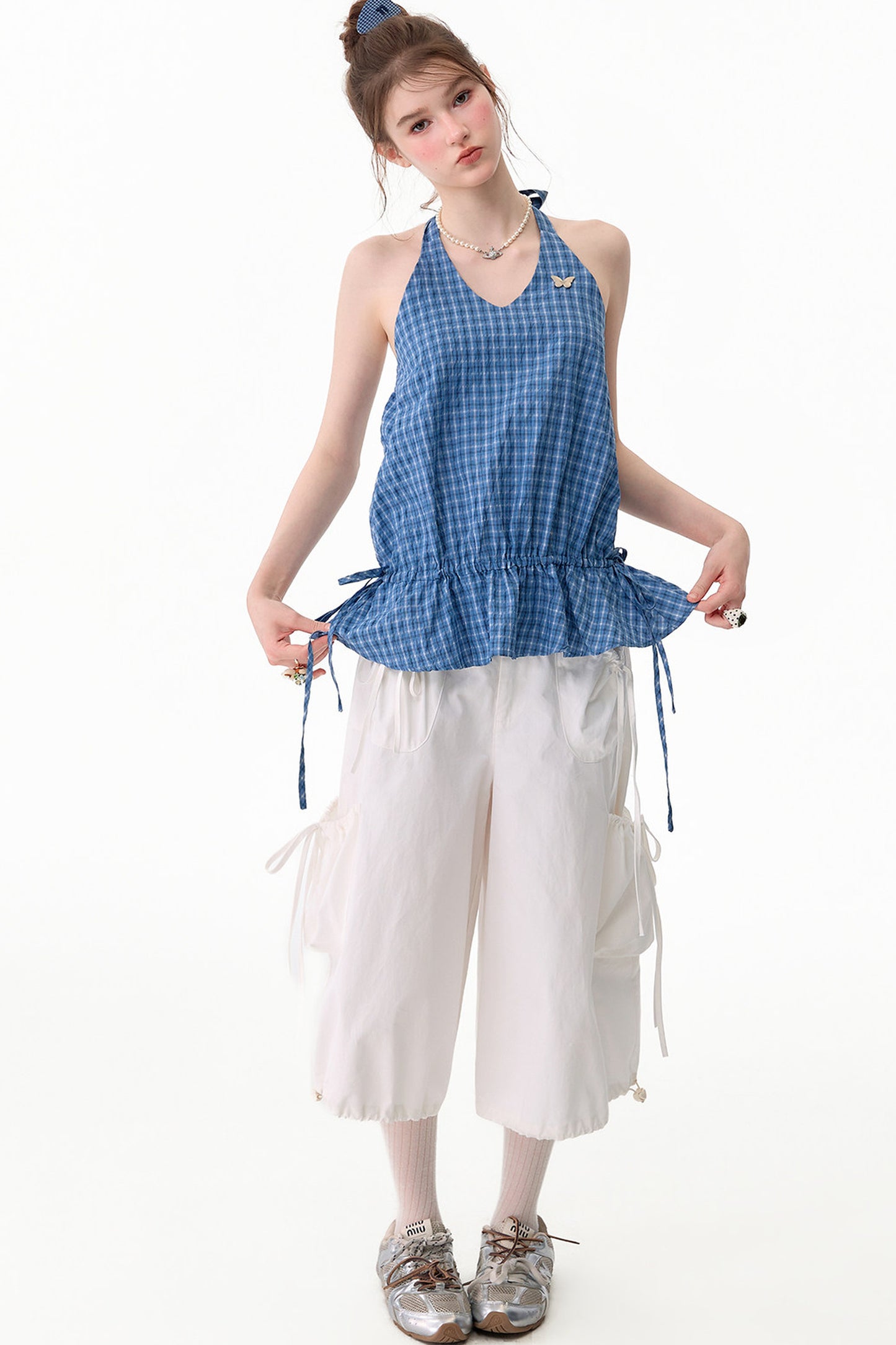 Blue Plaid Halter Neck Tank Top