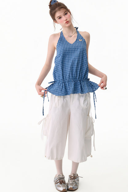 Blue Plaid Halter Neck Tank Top